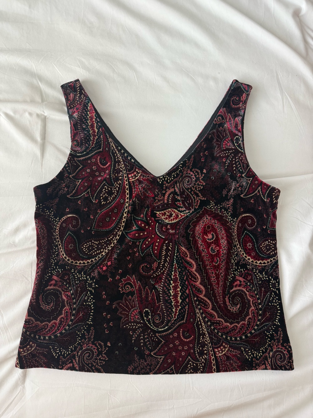 Y2K Black Velvet V Neck Top Large Red Paisley Dark Romance Fairycore Whimsigoth